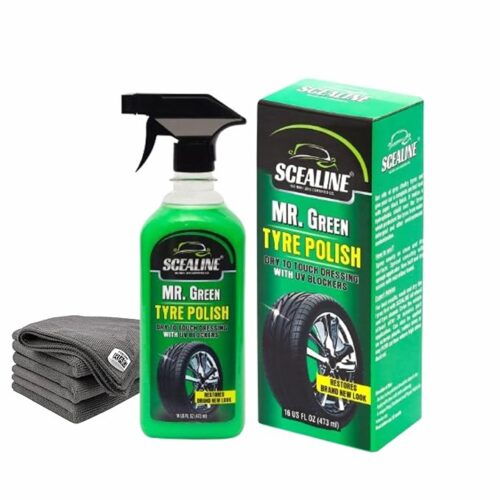 SCEALINE Tyre Polish for Car and Bike 473ml | Prevents Fading and Cracks | Long Lasting Super Black Shine | Non-Greasy, UV Protection, Anti-Aging Formula | Tyre Dresser/Polish Spray with Applicator