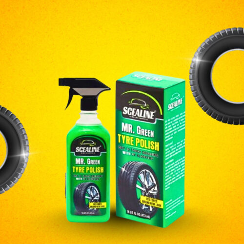 give (1) SCEALINE Tyre Polish for Car and Bike 473ml | Prevents Fading and Cracks | Long Lasting Super Black Shine | Non-Greasy, UV Protection, Anti-Aging Formula | Tyre Dresser/Polish Spray with Applicator